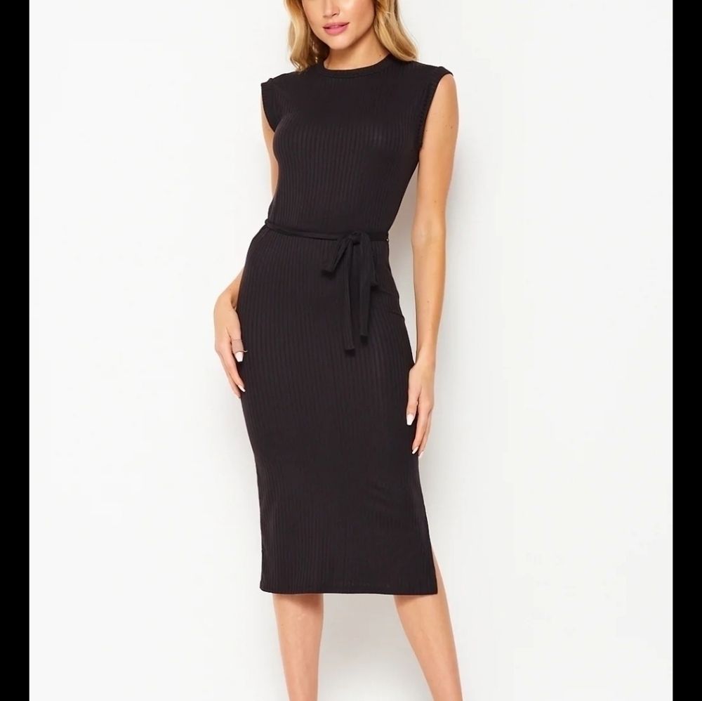 Velvet Torch Belted Side Slit Ribbed Midi Sleeveless Dress Black Large